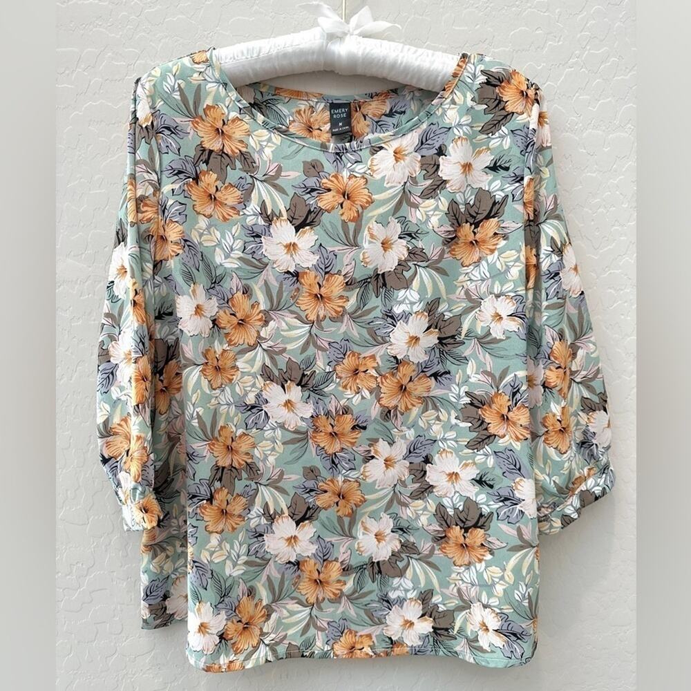 EMERY ROSE | Blue Hawaiian Floral Blouse 3/4 Sleeve Top | Medium